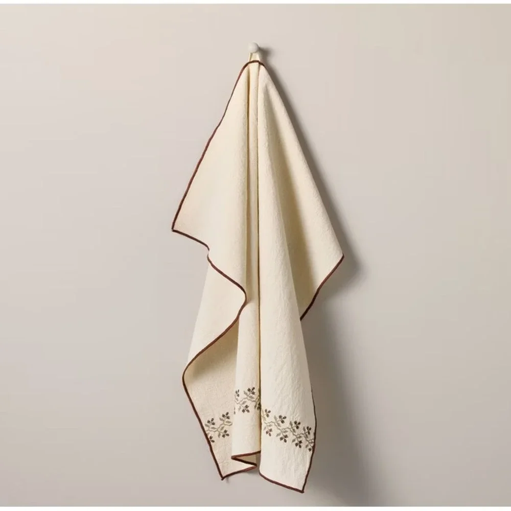 Hearth & Hand Magnolia Flour Sack Kitchen Towel Floral Stitched Fall Icon Leaves